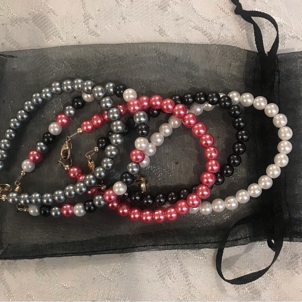 Glass Pearl Beaded Bracelet Set in Pink, Black, White, and Gray